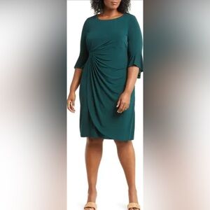 Connected Apparel Gathered Bell Sleeve Faux Wrap Dress In Green Size 24W NWT